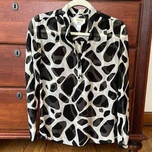 Talbots Silk Henley Blouse Black White Animal Print